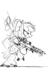 Size: 2500x4000 | Tagged: safe, artist:ncmares, derpibooru import, apple bloom, cyborg, earth pony, pony, fanfic:night mares, bipedal, black and white, female, filly, grayscale, gun, hooves, mechanical hands, military, monochrome, optical sight, rifle, simple background, sketch, sniper, sniper rifle, solo, weapon, white background