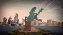 Size: 480x270 | Tagged: city, cityscape, crystaller building, derpibooru import, friendship island, manehattan, pier, piers, safe, scenery, screencap, stadium, statue of friendship, the gift of the maud pie
