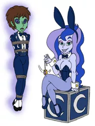 Size: 777x1027 | Tagged: suggestive, artist:doctor-awkward, derpibooru import, princess luna, oc, oc:frost d. tart, equestria girls, bedroom eyes, bondage, breasts, bunny ears, bunny girl, bunny suit, busty princess luna, cleavage, clothes, female, humanized, hypnosis, hypnotized, leotard, levitation, looking at you, magic, pendulum swing, playboy, playboy bunny, pocket watch, rope, swirly eyes, telekinesis, tied up, tuxedo, vice principal luna