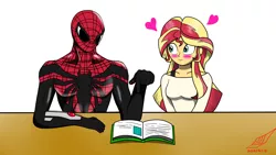 Size: 2048x1152 | Tagged: safe, artist:senketsushimmer, derpibooru import, sunset shimmer, equestria girls, blushing, book, crossover, doctor octopus, heart, spider-man, superior spider-man