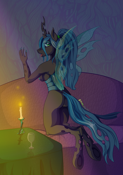 Size: 1600x2268 | Tagged: alternate hairstyle, anthro, artist:amber-wind, ass, breasts, candle, couch, derpibooru import, dock, female, looking at you, nipples, nudity, ponytail, queen chrysalis, questionable, sideboob, solo, solo female, teensalys, unguligrade anthro