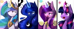 Size: 5000x2000 | Tagged: safe, artist:togeticisa, derpibooru import, princess cadance, princess celestia, princess luna, twilight sparkle, twilight sparkle (alicorn), alicorn, pony, alicorn tetrarchy, bust, cutie mark eyes, female, magic, mare, portrait, wingding eyes