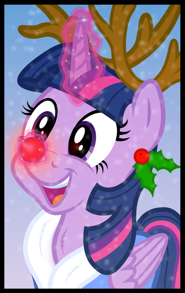 Size: 3500x5532 | Tagged: safe, artist:djdavid98, artist:pirill, derpibooru import, twilight sparkle, twilight sparkle (alicorn), alicorn, deer, pony, reindeer, absurd resolution, antlers, border, clothes, female, holly, magic, mare, open mouth, rudolph the red nosed reindeer, simple background, snow, snowfall, solo, vector, winter