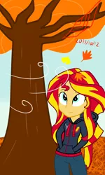 Size: 480x800 | Tagged: safe, artist:senketsushimmer, derpibooru import, sunset shimmer, equestria girls, autumn, clothes, hoodie, leaf, solo, tree