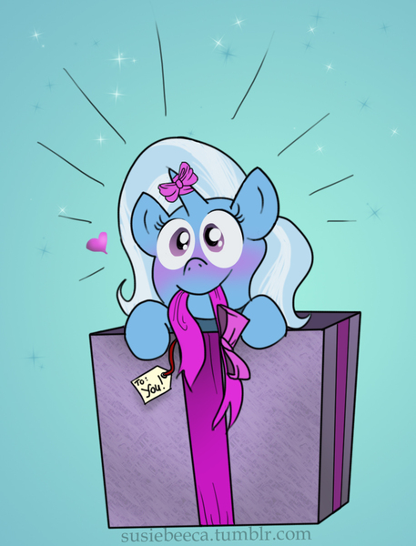 Size: 918x1206 | Tagged: safe, artist:susiebeeca, derpibooru import, trixie, pony, blushing, bow, box, bronybait, cute, diatrixes, heart, horn bow, pony in a box, present, solo