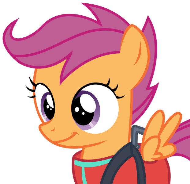 Size: 3097x2991 | Tagged: artist:sketchmcreations, clothes, cute, cutealoo, derpibooru import, harness, inkscape, on your marks, safe, scootaloo, simple background, smiling, solo, transparent background, vector, vest