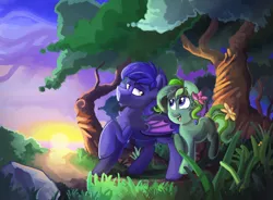 Size: 1600x1175 | Tagged: safe, artist:saxopi, derpibooru import, oc, oc:ivy, oc:midnight watch, unofficial characters only, bat pony, plant pony, pony, flower, flower in hair, forest, sunset, twilight (astronomy)
