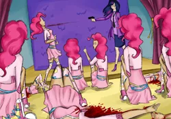 Size: 2952x2066 | Tagged: artist:yuntaoxd, blood, clone, clones, clothes, corpse, dead, death, derpibooru import, dress, grimdark, gun, handgun, human, humanized, massacre, murder, pinkie clone, pinkie clone debate, pinkie pie, pistol, scene interpretation, sitting, skirt, stockings, too many pinkie pies, twilight sparkle, weapon