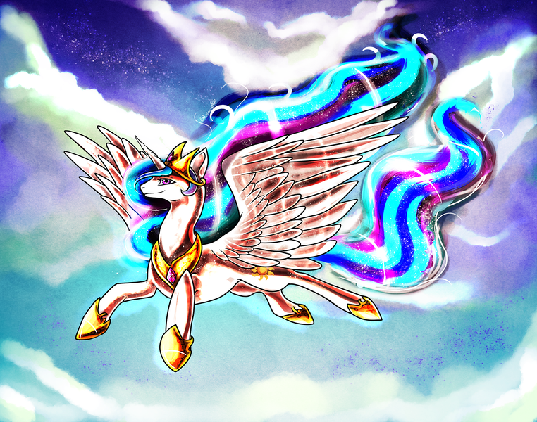 Size: 2000x1574 | Tagged: safe, artist:rriava, derpibooru import, princess celestia, flying, solo