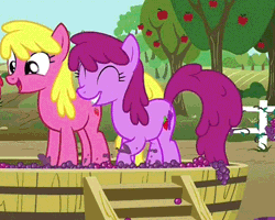 Size: 440x352 | Tagged: animated, berrybetes, berry punch, berryshine, cherry berry, cute, cutie mark, derpibooru import, duo, eyes closed, food, grapes, grape stomping, happy, on your marks, open mouth, raised hoof, raised leg, safe, screencap, smiling, stomping, tub, vinyard