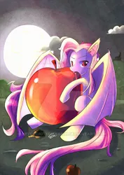 Size: 400x565 | Tagged: safe, artist:rizkitsuneki, derpibooru import, fluttershy, bat pony, pony, apple, flutterbat, food, giant apple, moon, night, solo, watermark