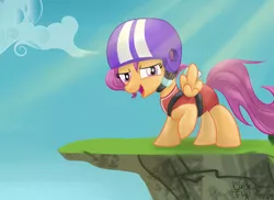 Size: 1100x800 | Tagged: artist:redheadfly, bungee jumping, cliff, dead source, derpibooru import, on your marks, safe, scootaloo, solo