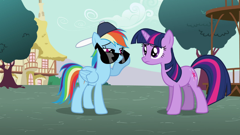 Size: 1366x768 | Tagged: safe, derpibooru import, screencap, rainbow dash, twilight sparkle, pegasus, pony, unicorn, may the best pet win, backwards ballcap, baseball cap, duo, female, hat, mare, sunglasses, unicorn twilight