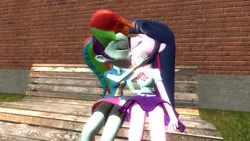 Size: 1360x768 | Tagged: safe, artist:mk513, derpibooru import, rainbow dash, twilight sparkle, twilight sparkle (alicorn), equestria girls, 3d, bench, boyshorts, clothes, female, gmod, kissing, lesbian, panties, purple underwear, shipping, skirt, twidash, underwear, upskirt