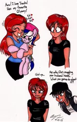 Size: 1101x1742 | Tagged: artist:newyorkx3, comic, derpibooru import, dialogue, human, kakey, oc, oc:amanda, oc:karen, oc:mikey, safe, tracks, traditional art, unofficial characters only