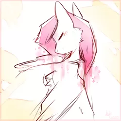 Size: 698x702 | Tagged: safe, artist:suplolnope, derpibooru import, fluttershy, pegasus, pony, bust, colored sketch, eyes closed, head turn, looking away, monochrome, neo noir, partial color, portrait, rear view, sketch, solo