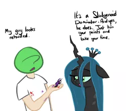 Size: 442x392 | Tagged: artist:shoutingisfun, changeling, changeling queen, derpibooru import, dialogue, dork, dorkalis, female, human, human male, hyperspace hyperwars, male, oc, oc:anon, queen chrysalis, retarded, safe, simple background, sludgenoids, thin your paints, white background