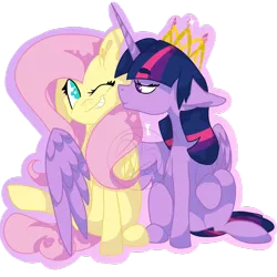 Size: 1024x1024 | Tagged: safe, artist:23questionmark, derpibooru import, fluttershy, twilight sparkle, twilight sparkle (alicorn), alicorn, pegasus, pony, cute, female, floppy ears, grin, heart eyes, hug, jewelry, kiss on the cheek, kissing, lesbian, lidded eyes, mare, raised hoof, shipping, shyabetes, simple background, sitting, smiling, sparkles, tiara, transparent background, twiabetes, twishy, watermark, wingding eyes, winghug, wink