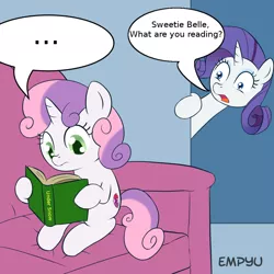 Size: 1000x1000 | Tagged: safe, artist:empyu, derpibooru import, edit, rarity, sweetie belle, pony, unicorn, ..., book, cutie mark, dialogue, exploitable meme, female, filly, mare, meme, reading, speech bubble, sweetie belle's book, the cmc's cutie marks, under snow, wide eyes