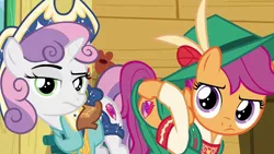 Size: 1280x720 | Tagged: safe, derpibooru import, screencap, scootaloo, sweetie belle, pegasus, pony, unicorn, on your marks, season 6, boots, clothes, cow belle, cowboy boots, cowboy hat, cutie mark, duo, duo female, female, filly, foal, hat, hooves, image, implied apple bloom, lederhosen, plot, png, scootaloo is not amused, seriously, shoes, skirt, skirt lift, stetson, sweetie belle is not amused, the cmc's cutie marks, unamused, we already got our mark, yodeloo