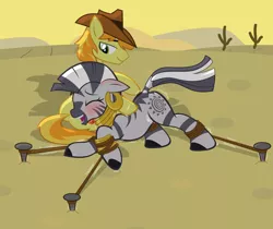 Size: 1024x862 | Tagged: artist:radiantrealm, blushing, bondage, braeburn, braecora, derpibooru import, desert, female, male, nails, ponydom, pony domination, rope, shipping, show accurate, show accurate porn, straight, suggestive, tickle torture, tickling, zebra, zecora