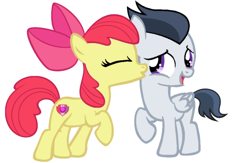 Size: 1078x708 | Tagged: safe, artist:rozyfly10, derpibooru import, apple bloom, rumble, earth pony, pegasus, pony, backwards cutie mark, cutie mark, eyes closed, female, filly, kissing, kissy face, love, male, raised hoof, rumbloom, shipping, simple background, straight, the cmc's cutie marks, transparent background