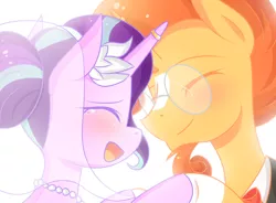 Size: 900x663 | Tagged: safe, artist:littlecloudie, derpibooru import, starlight glimmer, sunburst, oc, pony, unicorn, bridal veil, clothes, crying, cute, engagement ring, eyes closed, female, glasses, glimmerbetes, happiness, happy, horn, horn ring, male, mare, marriage, open mouth, ring, shipping, smiling, stallion, starburst, straight, tears of joy, tuxedo, veil, wedding, wedding ring, wedding veil