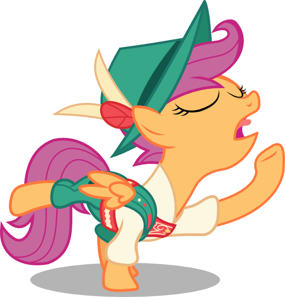 Size: 575x600 | Tagged: artist:seahawk270, clothes, derpibooru import, eyes closed, lederhosen, mountain climbing, on your marks, open mouth, outfit, raised hoof, safe, scootaloo, simple background, solo, transparent background, vector, yodeling, yodeloo