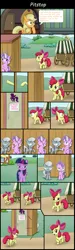 Size: 2607x8740 | Tagged: safe, artist:lifesharbinger, derpibooru import, apple bloom, applejack, diamond tiara, silver spoon, twilight sparkle, twilight sparkle (alicorn), alicorn, pony, comic:pit stop, somepony to watch over me, comic, desperation, female, filly, mare, need to pee, omorashi, outhouse, potty dance, potty emergency, potty time, trotting in place