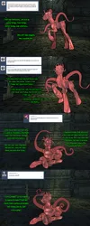 Size: 1000x2498 | Tagged: artist:yenamuffin, ask, derpibooru import, fallout equestria, lovecraft, mistranslation, mutant, no eyes, oc, oc:taint fare, prone, semi-grimdark, smiling, standing, store, tentacles, tumblr, tumblr comic, unofficial characters only, yellow teeth