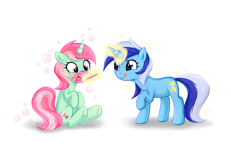 Size: 1500x1000 | Tagged: artist:0biter, brushing teeth, derpibooru import, minty bubblegum, minuette, safe, toothbrush