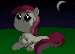 Size: 3510x2550 | Tagged: safe, artist:sweetbrew, derpibooru import, roseluck, earth pony, pony, crescent moon, female, looking away, looking up, mare, moon, night, outdoors, prone, solo, stars