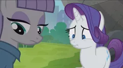 Size: 1280x711 | Tagged: derpibooru import, maud pie, rarity, safe, screencap, scrunchy face, the gift of the maud pie