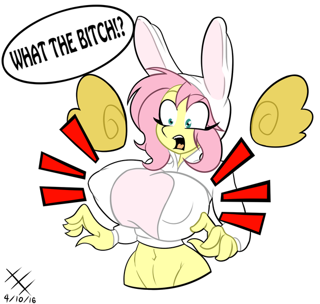 Size: 1786x1702 | Tagged: questionable, artist:kaixxxcorner, artist:lil miss jay, derpibooru import, fluttershy, oc, oc:cottontail, anthro, alternate universe, big breasts, big nipples, breast expansion, breasts, busty fluttershy, clothes, dialogue, female, growth, hoodie, huge breasts, nipples, open mouth, simple background, ultimare universe, what the bitch, white background