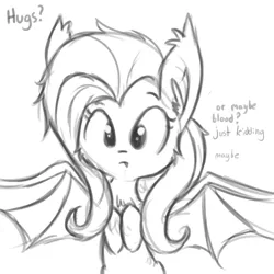 Size: 648x648 | Tagged: safe, artist:tjpones, derpibooru import, fluttershy, bat pony, pony, cute, flutterbat, hug request, implied vampirism, monochrome, shyabates, shyabetes, simple background, sketch, solo, this will end in pain, this will not end well, white background