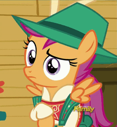Size: 665x719 | Tagged: animated, clothes, cropped, cutie mark, derpibooru import, discovery family logo, flank, hat, leather pants, lederhosen, on your marks, out of context, plot, safe, scootaloo, screencap, the cmc's cutie marks, unamused, we already got our mark, yodeloo