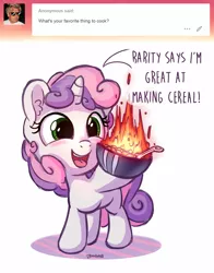 Size: 1100x1400 | Tagged: safe, artist:bobdude0, derpibooru import, sweetie belle, pony, unicorn, ask, blatant lies, breakfast is ruined, cereal, cute, diasweetes, female, filly, fire, food, gordon ramsay, open mouth, pyro belle, simpsons did it, solo, sweetie belle can't cook, sweetie fail, the simpsons, tumblr