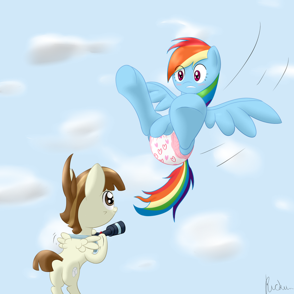 Size: 1280x1280 | Tagged: questionable, artist:ricktin, derpibooru import, featherweight, rainbow dash, pegasus, pony, blushing, caught, colt, diaper, diaper fetish, duo, embarrassed, female, flying, gritted teeth, male, mare, poofy diaper