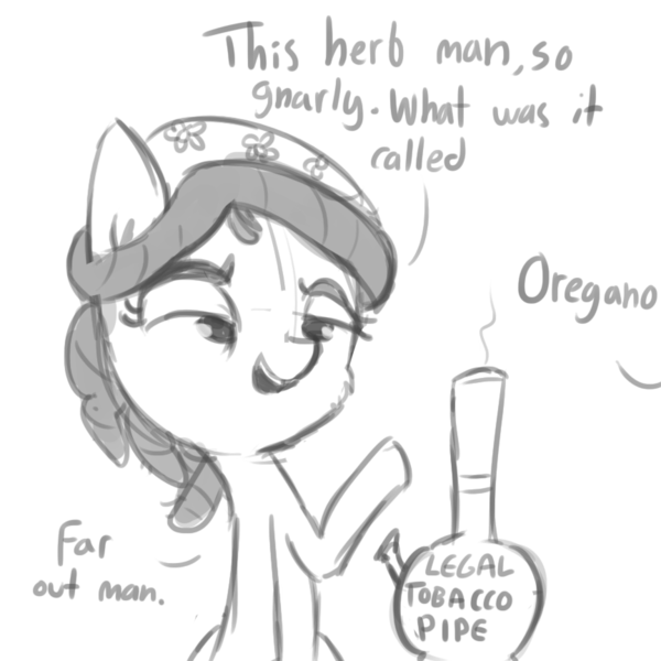 Size: 864x864 | Tagged: safe, artist:tjpones, derpibooru import, tree hugger, bong, funny, monochrome, offscreen character, oregano, pipe, simple background, smoking, tree stoner, white background