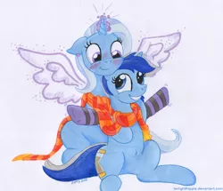 Size: 1200x1033 | Tagged: safe, artist:foxxy-arts, derpibooru import, minuette, trixie, pony, unicorn, artificial wings, augmented, belly button, clothes, crack shipping, female, lesbian, magic, magic wings, mare, minixie, scarf, shipping, socks, striped socks, wings