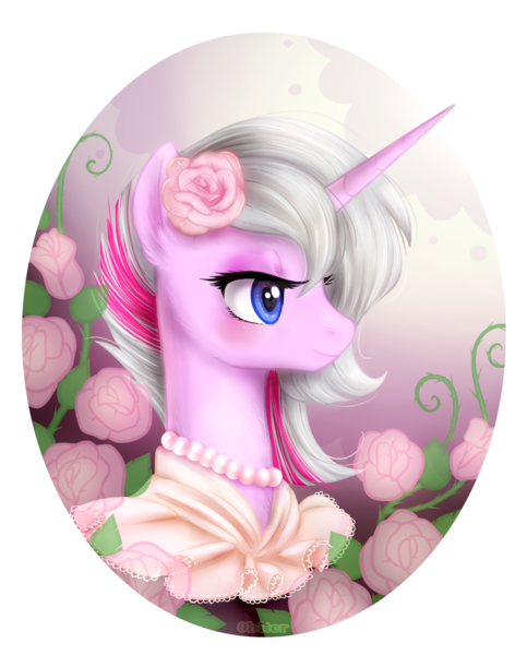 Size: 941x1170 | Tagged: safe, artist:0biter, derpibooru import, oc, oc:honningbrew, unofficial characters only, pony, unicorn, bust, flower, flower in hair, necklace, pearl necklace, portrait, rose, solo, victorian