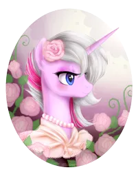 Size: 941x1170 | Tagged: safe, artist:0biter, derpibooru import, oc, oc:honningbrew, unofficial characters only, pony, unicorn, bust, flower, flower in hair, necklace, pearl necklace, portrait, rose, solo, victorian