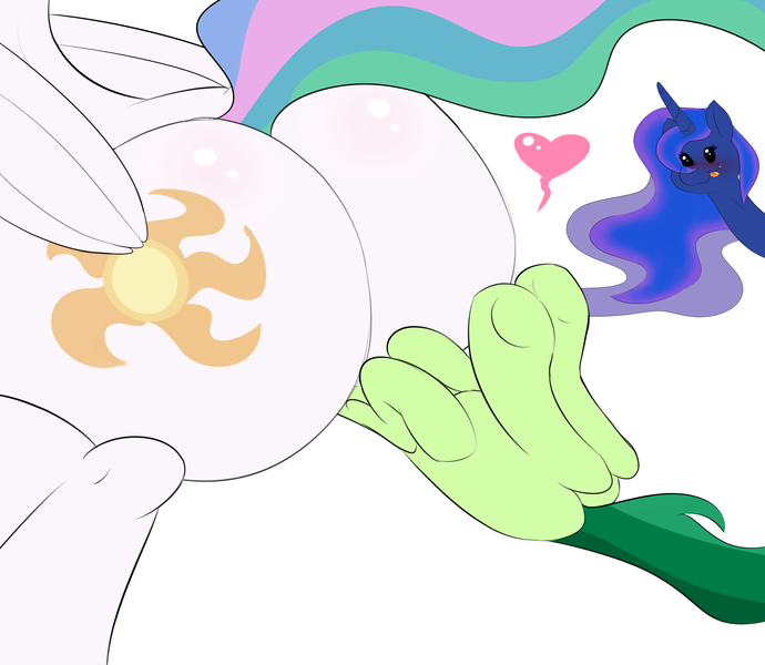 Size: 2300x2000 | Tagged: questionable, artist:digitaldomain123, derpibooru import, princess celestia, princess luna, oc, oc:appel, canon x oc, digital art, facesitting, heart, plot, praise the sun, shipping, sunbutt, the ass was fat