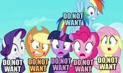 Size: 900x540 | Tagged: safe, derpibooru import, screencap, applejack, fluttershy, pinkie pie, rainbow dash, rarity, twilight sparkle, twilight sparkle (alicorn), alicorn, pony, the crystalling, blue text, caption, disgusted, do not want, female, floppy ears, image macro, mane six, mare, meme, open mouth, pink text, purple text, reaction image, shocked, yellow text
