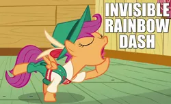 Size: 900x550 | Tagged: suggestive, derpibooru import, edit, edited screencap, screencap, rainbow dash, scootaloo, on your marks, caption, clothes, eyes closed, female, hat, image macro, implied blowjob, implied foalcon, implied oral, implied sex, innuendo, invisible, invisible rainbow dash, lederhosen, lesbian, lol, meme, open mouth, raised hoof, solo, tongue out, yodeloo