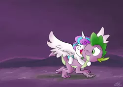 Size: 1024x725 | Tagged: safe, artist:loreto-arts, derpibooru import, princess flurry heart, spike, alicorn, dragon, pony, baby, baby pony, cousins, cute, female, filly, flurrybetes, happy, male, ponies riding dragons, riding, spikabetes, spread wings, uncle and niece, uncle spike, wings