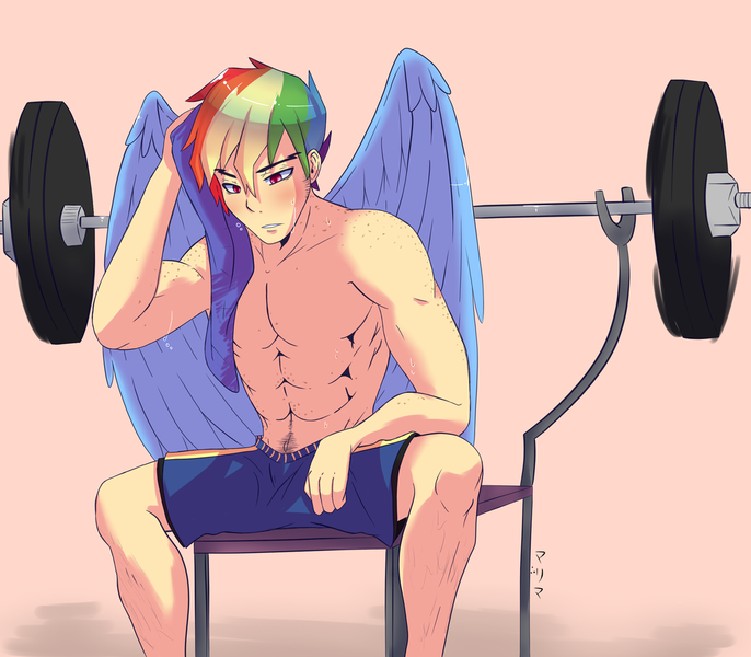 Size: 1024x896 | Tagged: artist:marima15, clothes, derpibooru import, freckles, human, humanized, male, rainbow blitz, rainbow dash, rule 63, solo, solo male, suggestive, topless, winged humanization