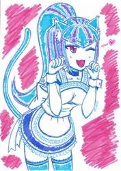 Size: 2464x3484 | Tagged: suggestive, artist:dragonemperror2810, derpibooru import, sonata dusk, equestria girls, rainbow rocks, cat ears, cat tail, catgirl, clothes, maid, solo, sonyata dusk, traditional art