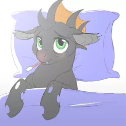 Size: 750x750 | Tagged: artist:prettypinkpony, bed, changeling, cuteling, derpibooru import, floppy ears, male, oc, oc:vesairus, safe, sick, solo, thermometer, tired, unofficial characters only