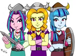 Size: 800x591 | Tagged: safe, artist:mayorlight, derpibooru import, adagio dazzle, aria blaze, sonata dusk, equestria girls, rainbow rocks, alternate hairstyle, baelog the fierce, belly button, clothes, cosplay, costume, crossed arms, erik the swift, midriff, olaf the stout, parody, shield, sword, the lost vikings, weapon